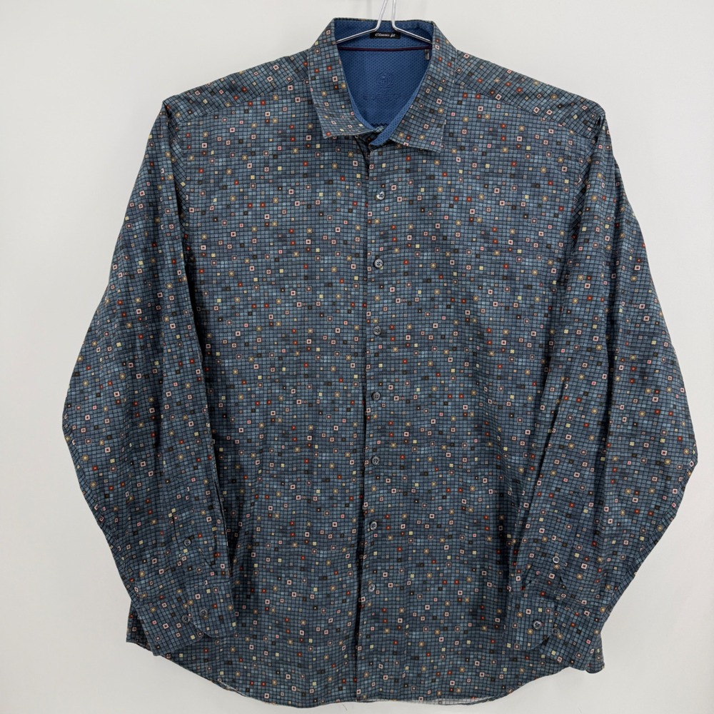 Bugatchi Button Up Shirt Mens 3XL Blue Geometric 100% Cotton Classic Fit